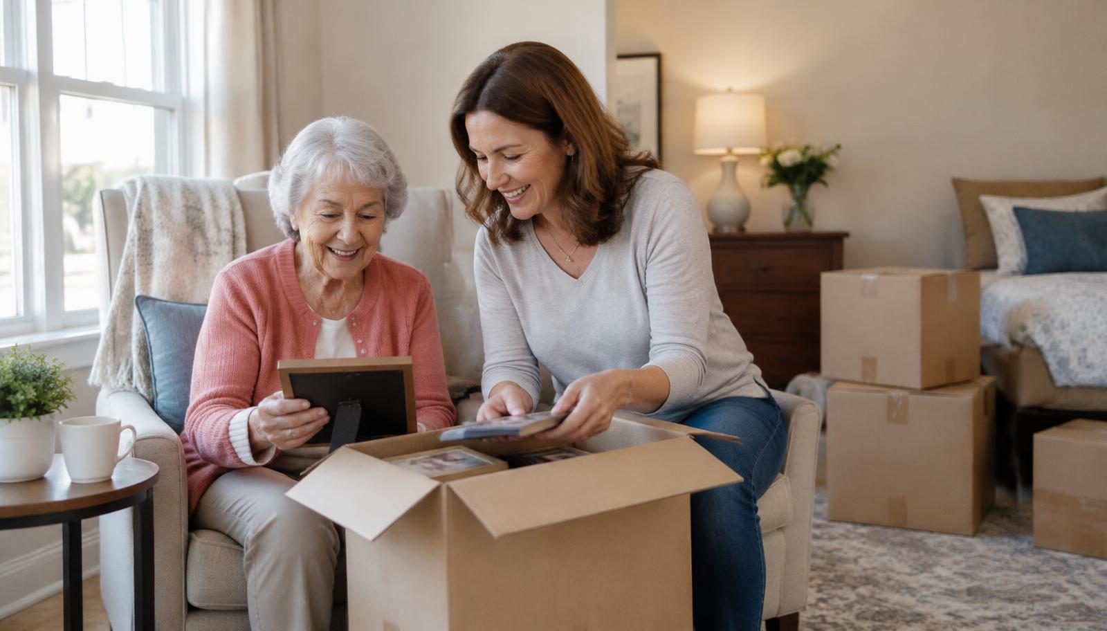 Daughter helping her mother unpack family photos in a new assisted living apartment