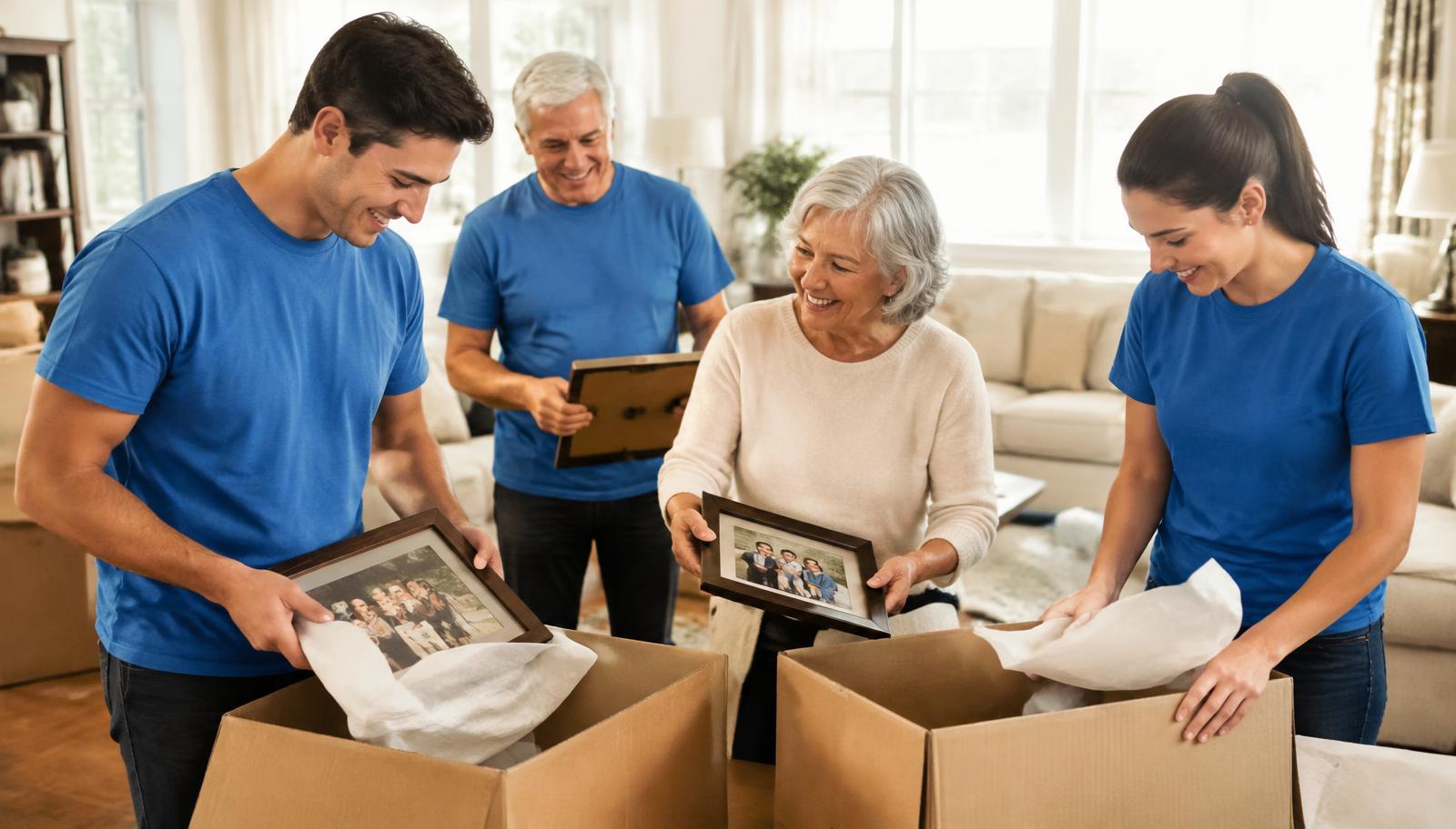 Movers helping a senior couple pack framed family photos