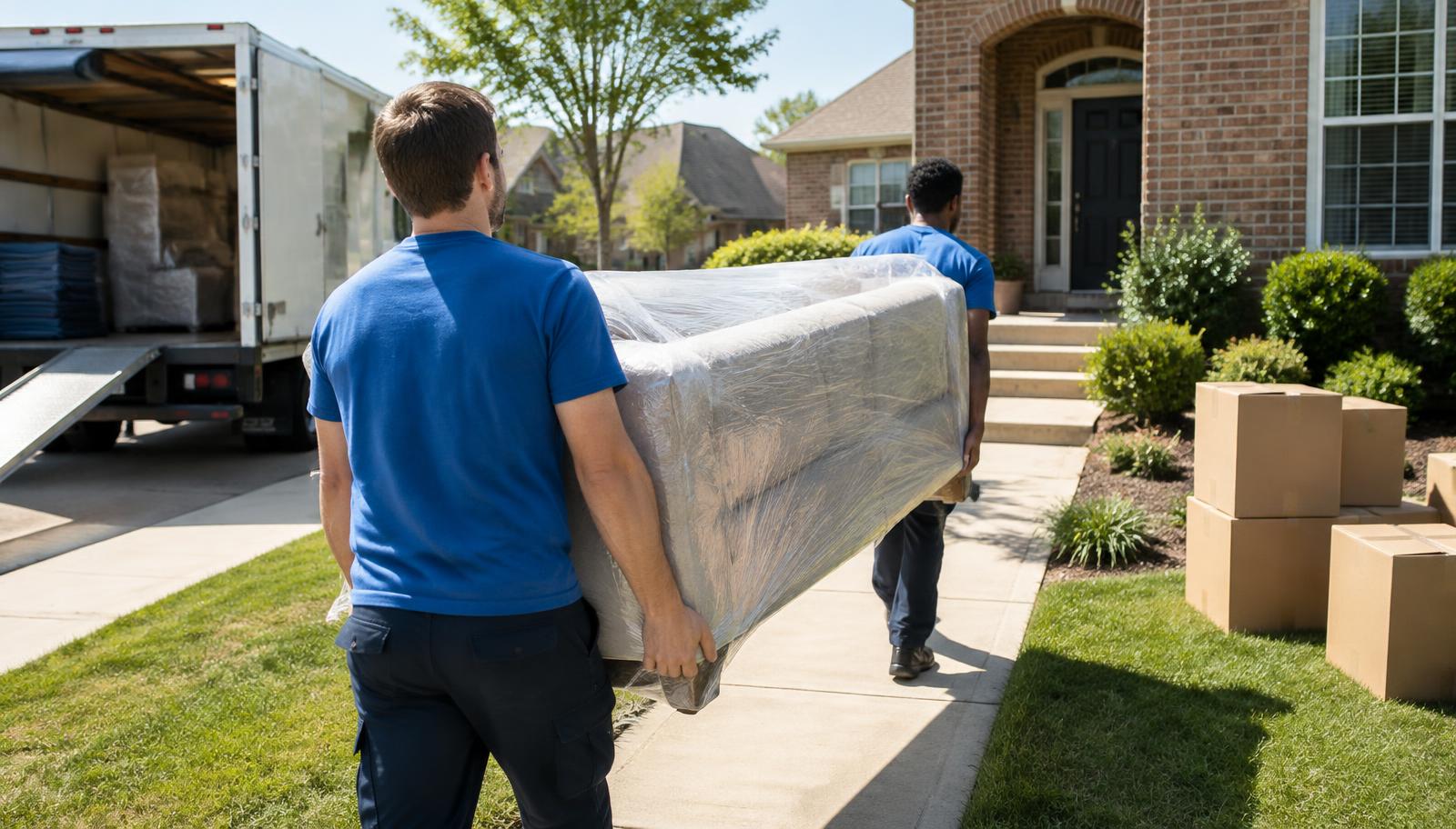 Movers carrying a wrapped sofa into a Kansas City home
